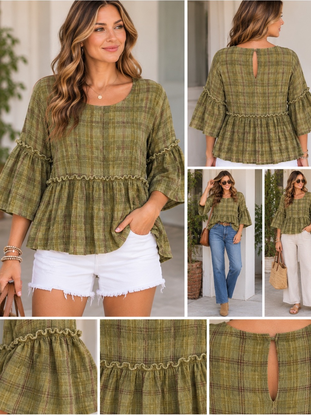 NWT easel Olive Plaid Ruffle Peplum Tunic